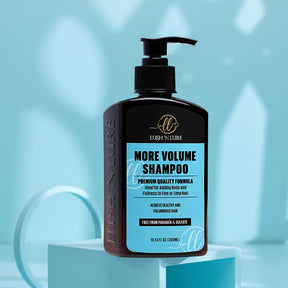 "LUSH 'N LURE Volume Shampoo bottle showcased against a textured background, emphasizing its formula designed to add body and fullness to fine or flat hair."