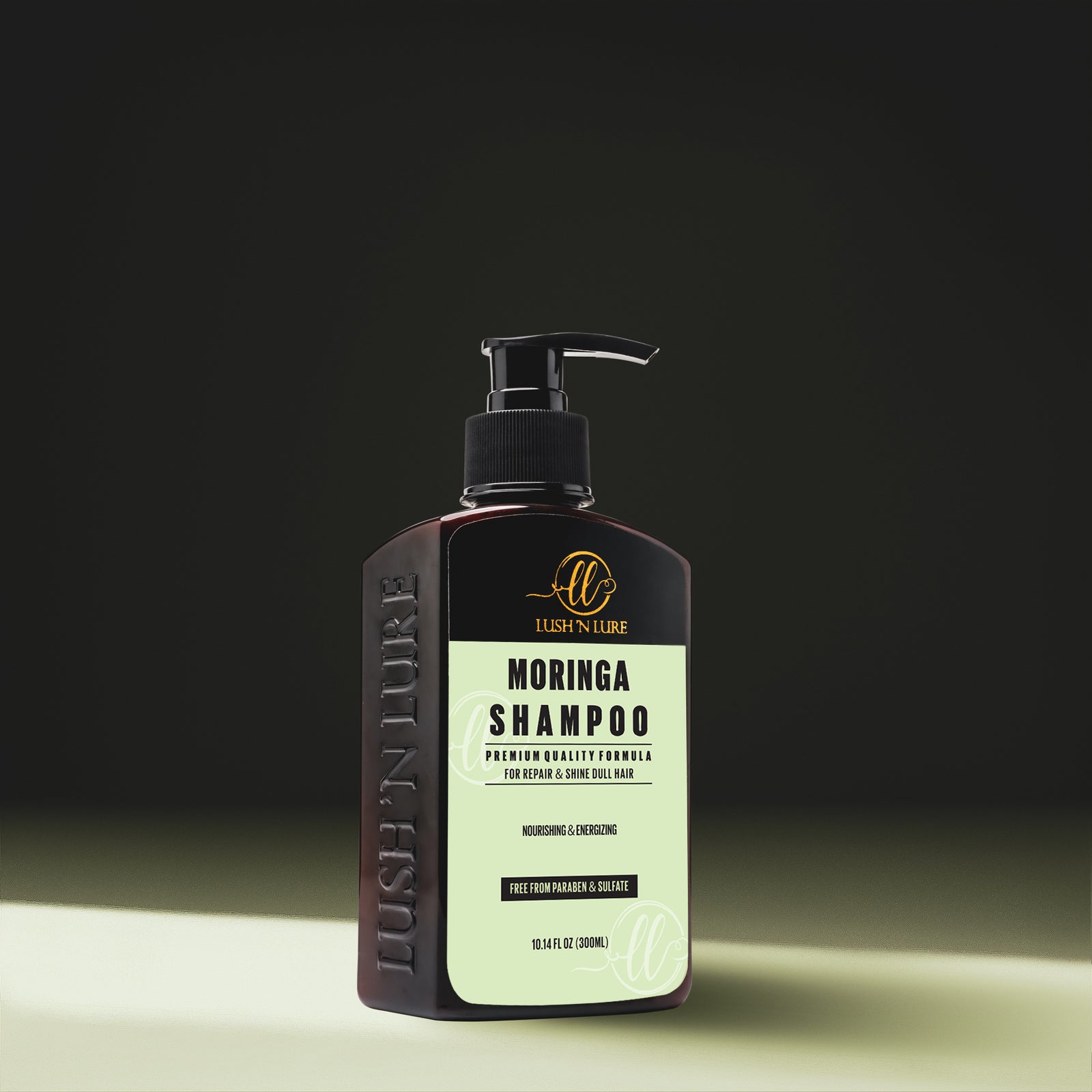 "Image showcasing LUSH 'N LURE Sulfate & Paraben Free Moringa Shampoo, a revitalizing formula designed to nourish and restore shine to dull hair."