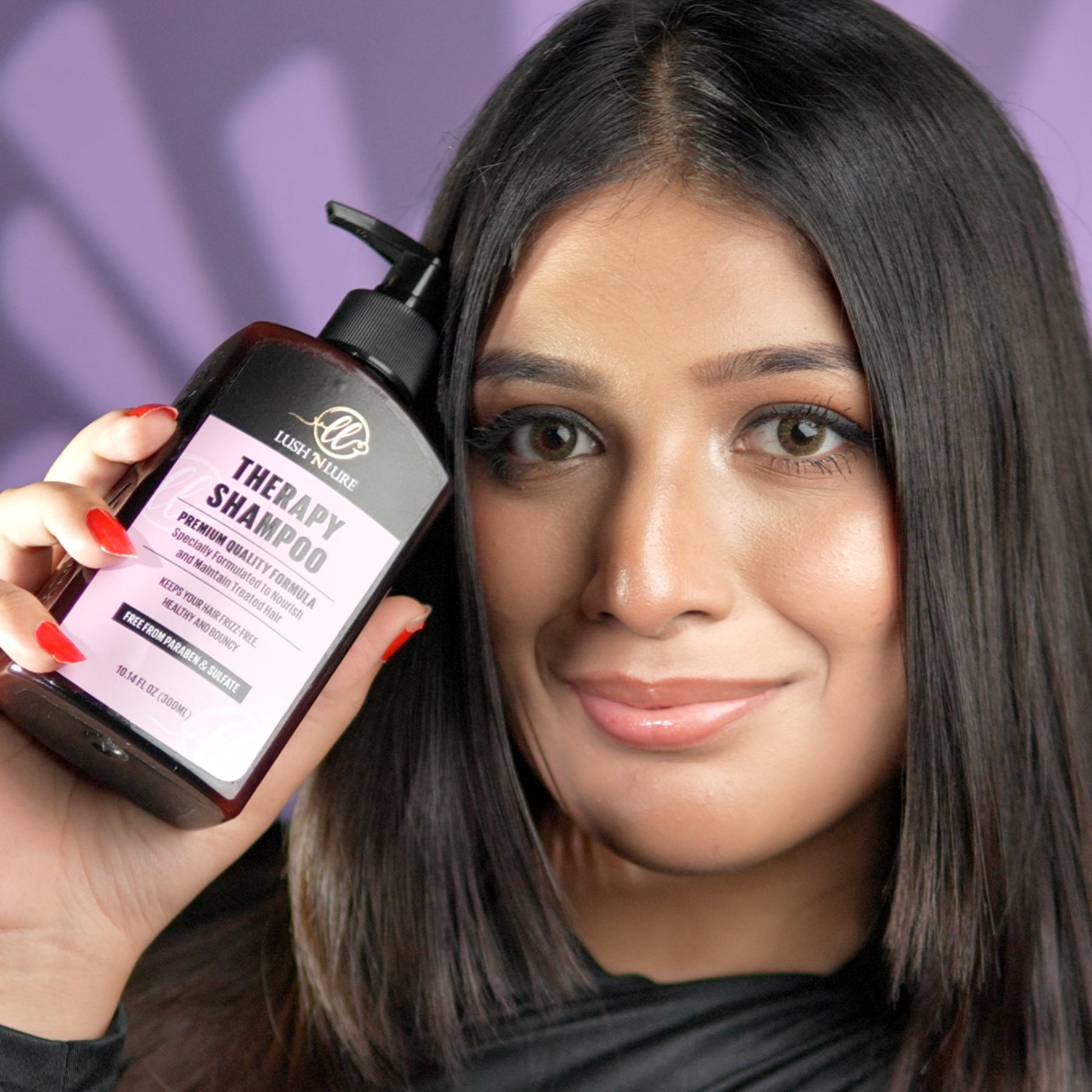 Model featuring LUSHNLURE Therapy Shampoo – a revitalizing formula designed to cleanse and strengthen hair while promoting scalp health for a refreshed and balanced look.