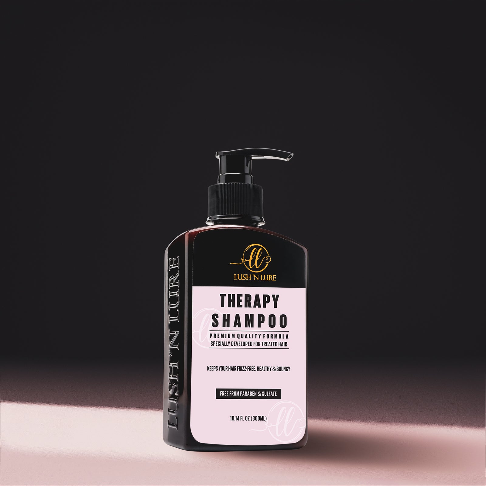 "Image displaying LUSH 'N LURE Sulfate & Paraben Free Shampoo, specially formulated for keratin-treated hair, providing gentle cleansing and maintaining keratin treatment integrity."