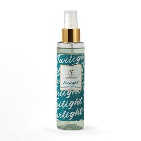 Twilight hair & body mist bottle with gold cap on a white background