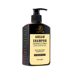 "Image displaying LUSH 'N LURE Sulfate & Paraben Free Argan Shampoo, a nourishing formula enriched with argan oil for silky, healthy-looking hair."