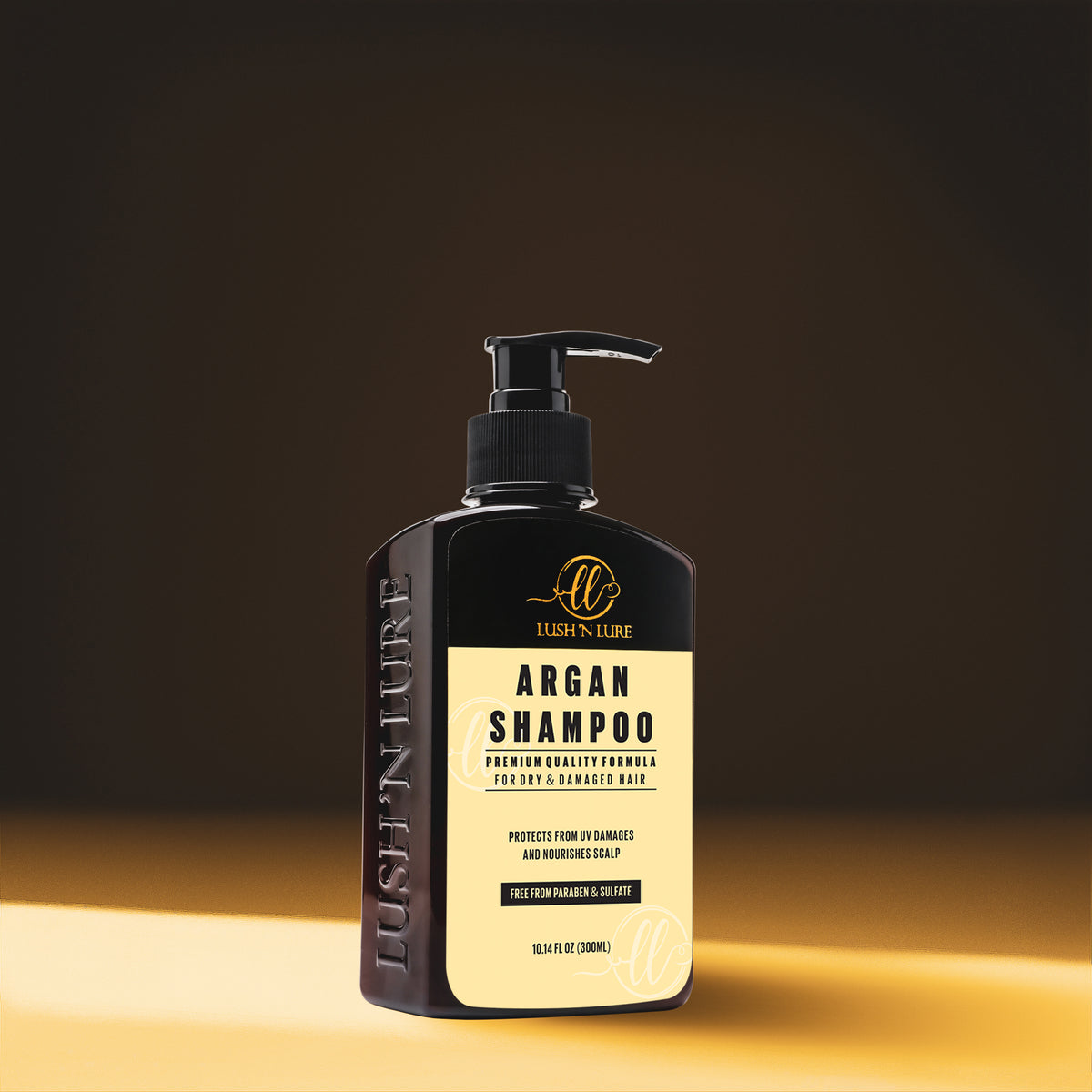 "Image displaying LUSH 'N LURE Sulfate & Paraben Free Argan Shampoo, a nourishing formula enriched with argan oil for silky, healthy-looking hair."