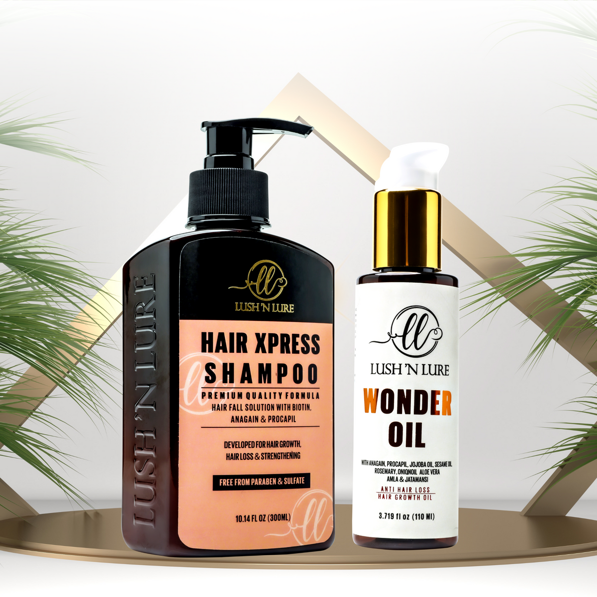  "Image showcasing LUSH 'N LURE Shampoo & Oil for Hair Fall & Hair Growth, a powerful duo formulated to combat hair fall and promote healthy hair growth.