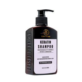 "Image showing LUSH 'N LURE Keratin Shampoo, a sulfate and paraben-free formula enriched with keratin for strengthening and nourishing hair."