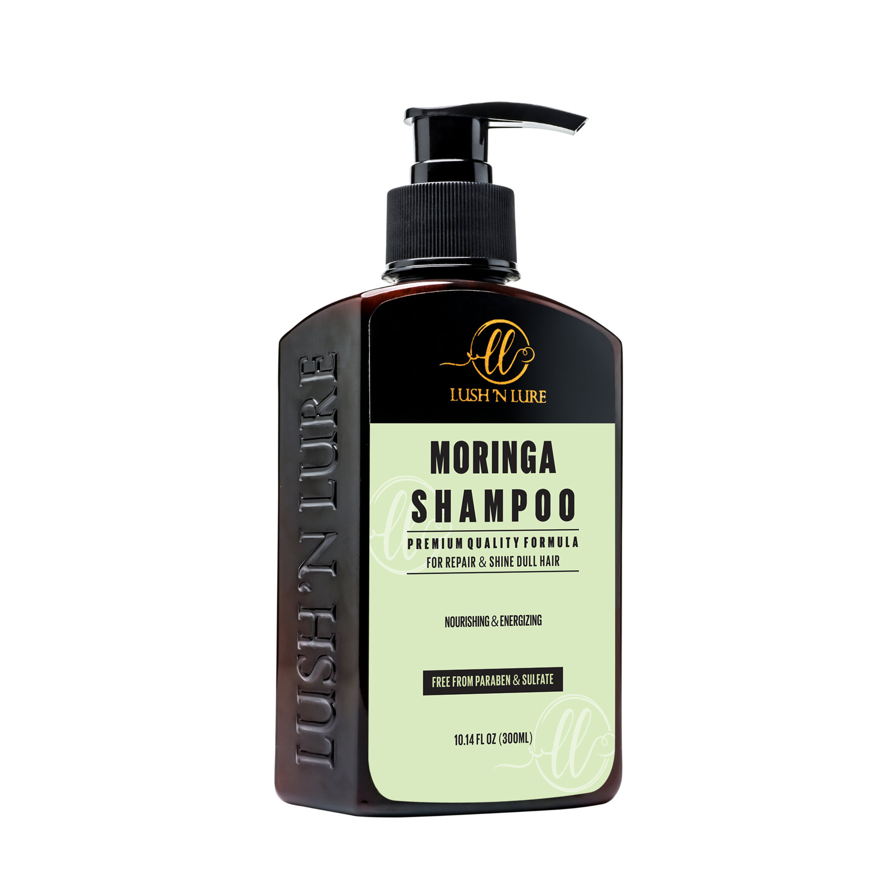 "Image showcasing LUSH 'N LURE Sulfate & Paraben Free Moringa Shampoo, a revitalizing formula designed to nourish and restore shine to dull hair."