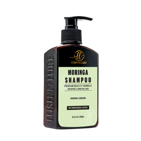 "Image showcasing LUSH 'N LURE Sulfate & Paraben Free Moringa Shampoo, a revitalizing formula designed to nourish and restore shine to dull hair."